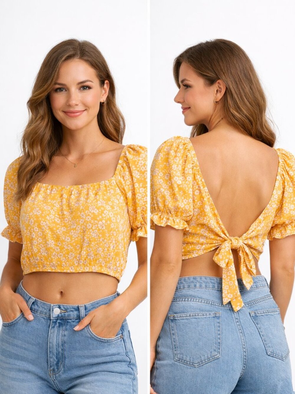 Romwe Women Yellow Floral Puff Sleeve Crop Top Tie Back Size S New